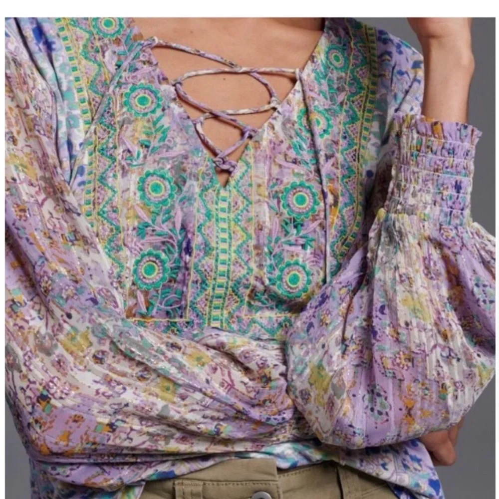 Anthropologie Odetta Shimmer Embroidered Top Shirt Blouse M - Picture 5 of 12